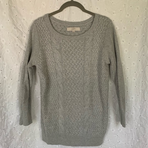 Loft - 3/4 Sleeve Gray Cable Knot Sweater - Picture 1 of 8